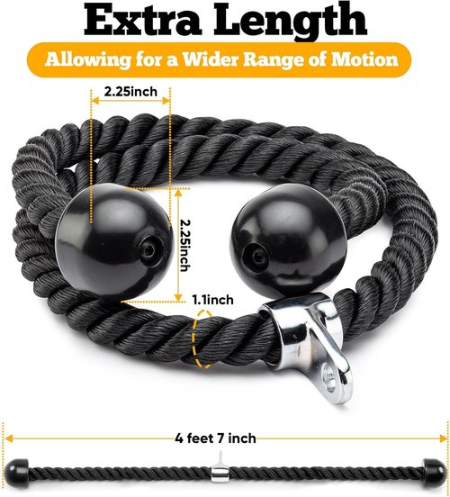 Double Length Tricep Rope for Cable Machines - 55 Inch Heavy Duty Pulldown Attachment, 4ft 7in Gym Strength Training Accessory & Home Workout Equipment