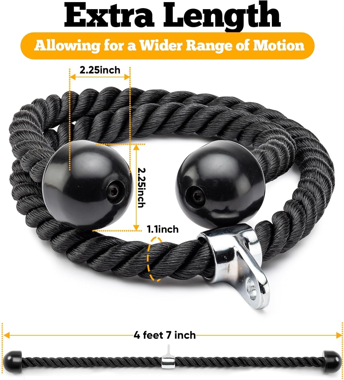 Double Length Tricep Rope for Cable Machines - 55 Inch Heavy Duty Pulldown Attachment, 4ft 7in Gym Strength Training Accessory & Home Workout Equipment
