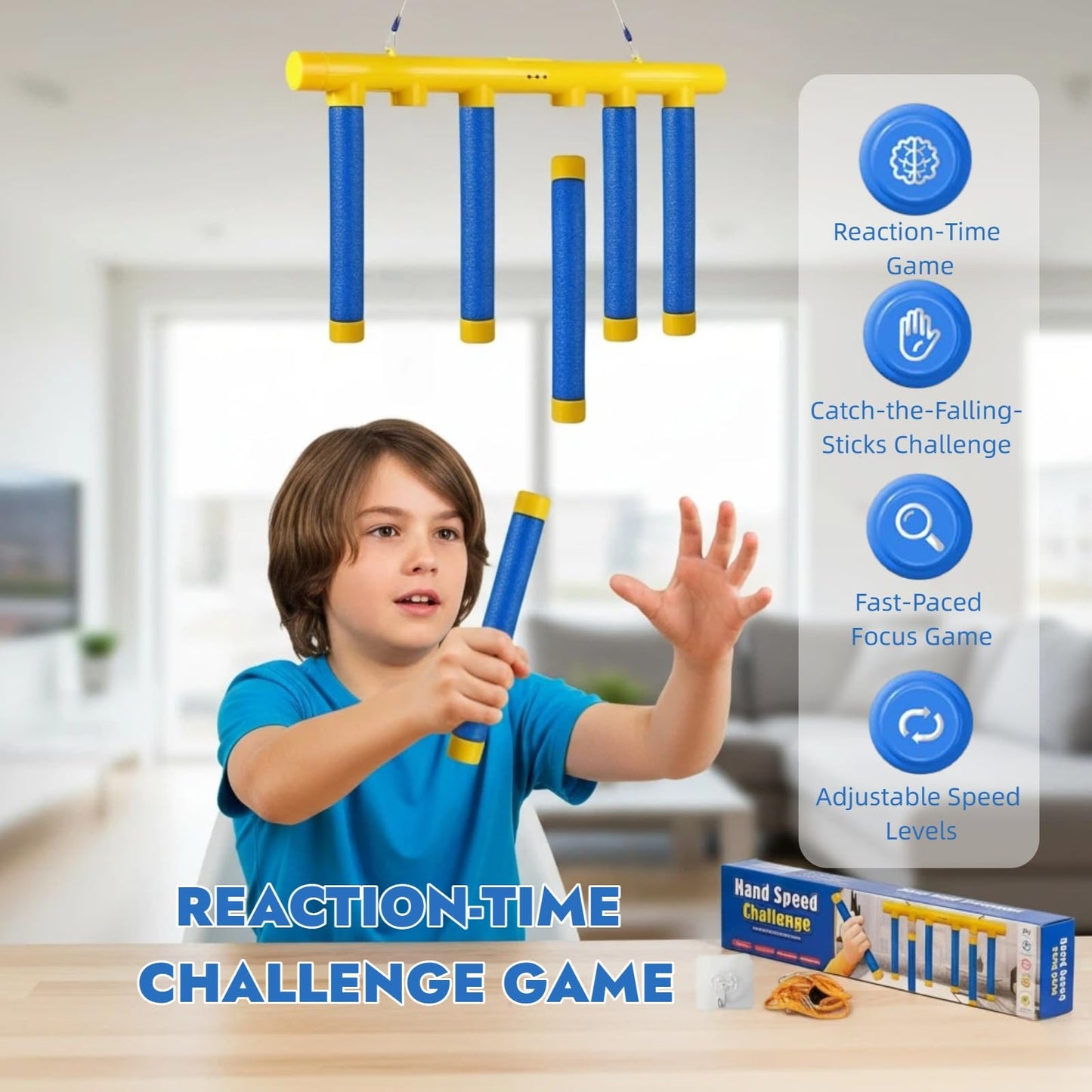 Cprnru Catching Sticks Game, Drop Sticks Game, 3-Speed Adjustable Hand Eye Coordination Reaction Training Toy, Hand Speed Challenge for Kids and Adults (Blue)