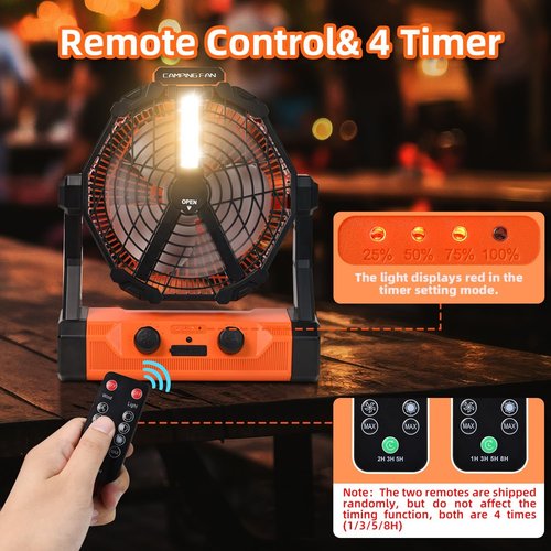yesiwtc Camping Fan Ventilador Recargable 20000mAh Battery Operated With LED Lantern/Hook/Remote Auto Oscillating 60 Hrs Work Cordless Tent Fan for Emergency, Camping, Outdoor