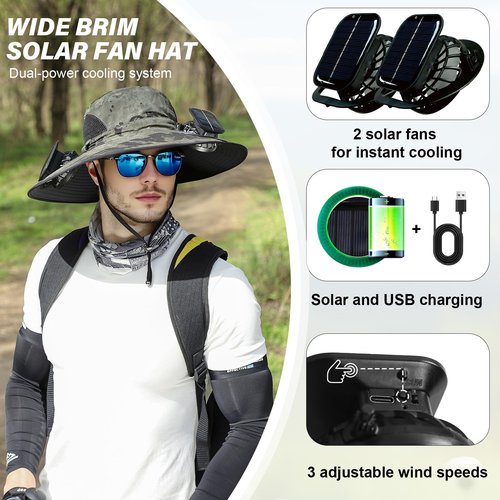 Solar Fan Hat,Wide Brim Solar Powered Fan Hat with 2 Built-in Fans,UPF 50+ Sun Hat for Outdoor Hiking Fishing Camping Green Camouflage