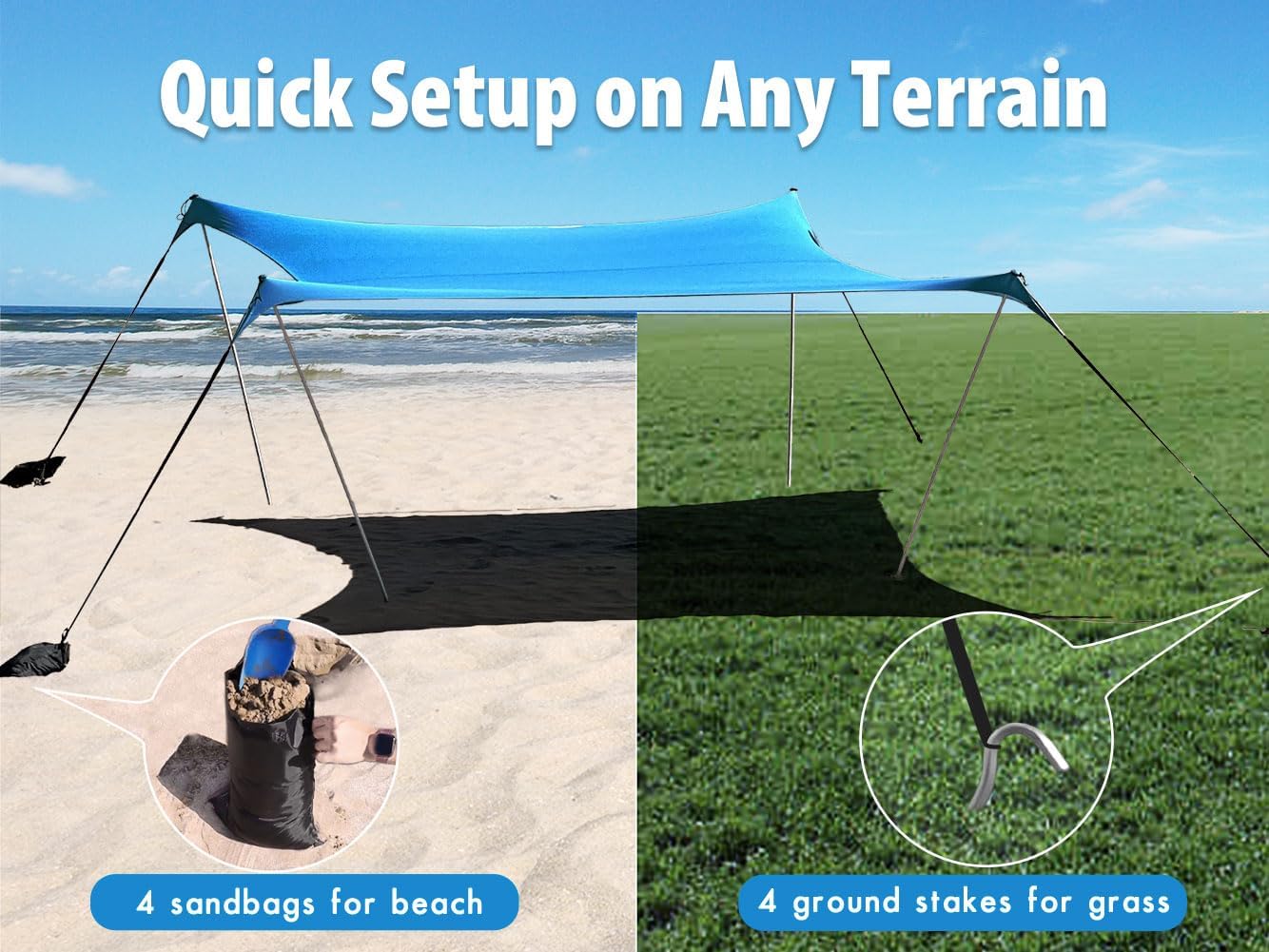 10×10ft UPF50+ Beach Tent Sun Shelter, Windproof Stable Outdoor Pop Up Beach Shade Canopy for Camping, Fishing, Backyard Fun or Picnics, 2 Poles