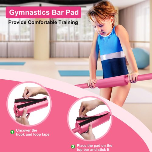 Gymnastic Bars for Kids with Adjustable Height, Folding Gymnastic Training Kip Bar, Junior Expandable Horizontal Monkey Bar for Home (Pink_Mat)