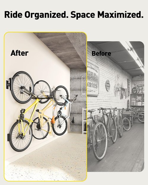 AM alphamount Swivel Bike Wall Mount, Metal Wall Bike Rack with Durable Sleeves, Space-Saving Vertical Bike Rack with 180° Swivel for Home and Garage, Bike Wall Mount Up to 66 lbs, 4-Pack