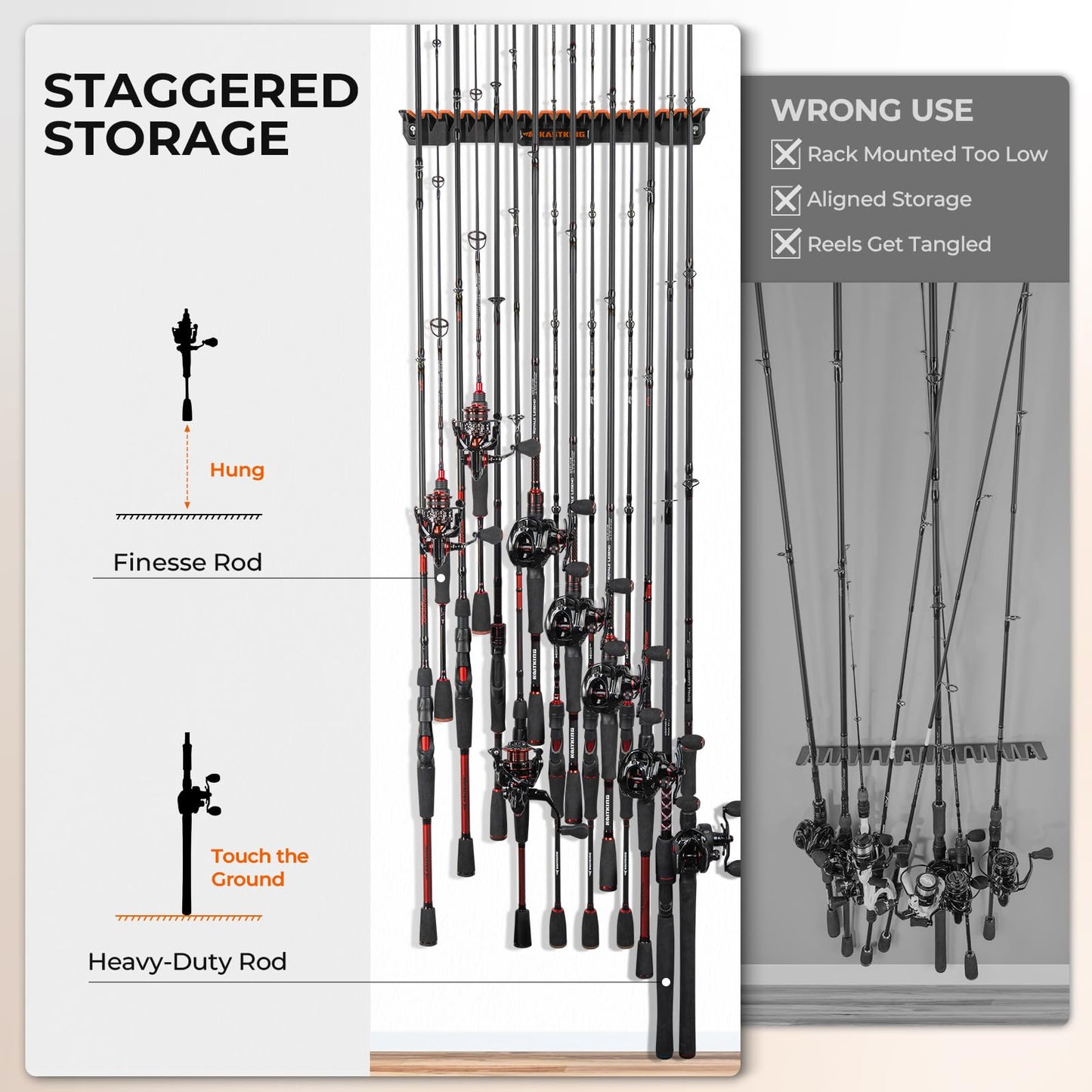 KastKing V15 Vertical Fishing Rod Holder – Wall Mounted Fishing Rod Rack, Store 15 Rods or Fishing Rod Combos in 17.25 Inches, Great Fishing Pole Holder and Rack
