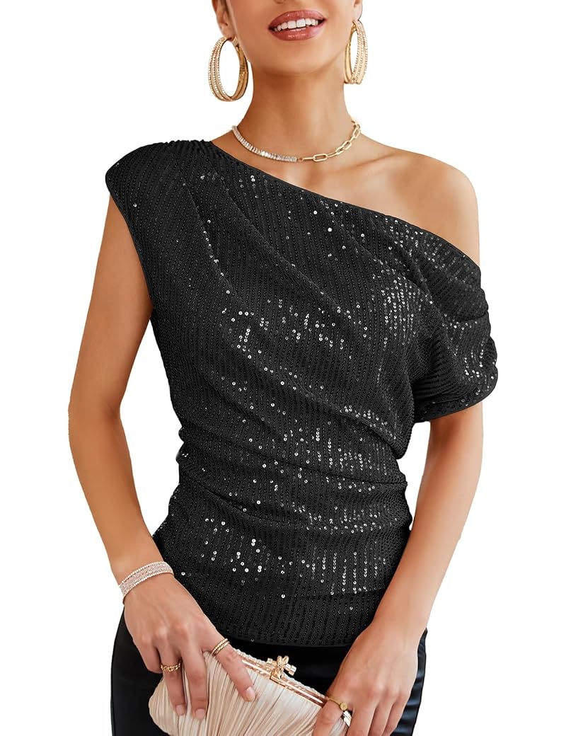 Off Shoulder Sequin Top for Women - One-Shoulder Sparkly Party Top, Black XL