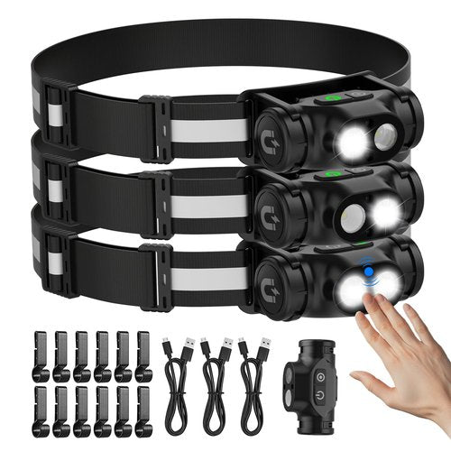 Spriak Rechargeable Running Headlamp 3PCS, 1500 Lumens Bright Head Lamp Led with Motion Sensor, 4 Modes, Magnet, Detachable Flashlight & Headband for Adult, Outdoor, Emergency, Hard Hat Light