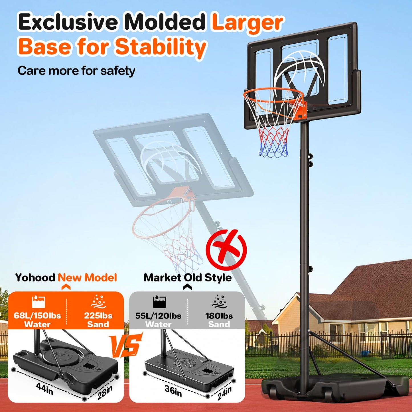 Yohood Basketball Hoop Outdoor 10ft Adjustable, Portable Basketball Hoop Goal System for Kids Youth and Adults in Backyard/Driveway/Indoor, 44 Inch Shatterproof Backboard and Larger Base