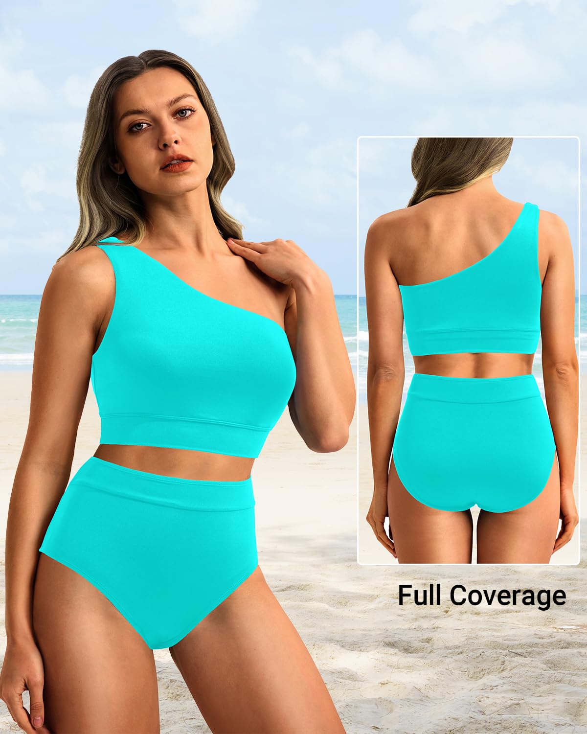 Holipick Aqua Women One Shoulder High Waisted Bikini Sets Two Piece Swimsuit Tummy Control Bathing Suit Full Coverage Swimwear M