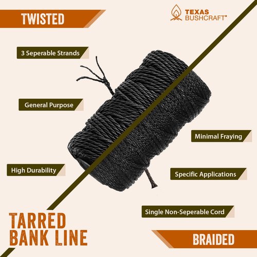 Texas Bushcraft Tarred Bank Line Twine - #36 Black Nylon String for Fishing, Camping and Outdoor Survival – Strong, Weather Resistant Bankline Cordage for Trotline (1/4 lb, Twisted)