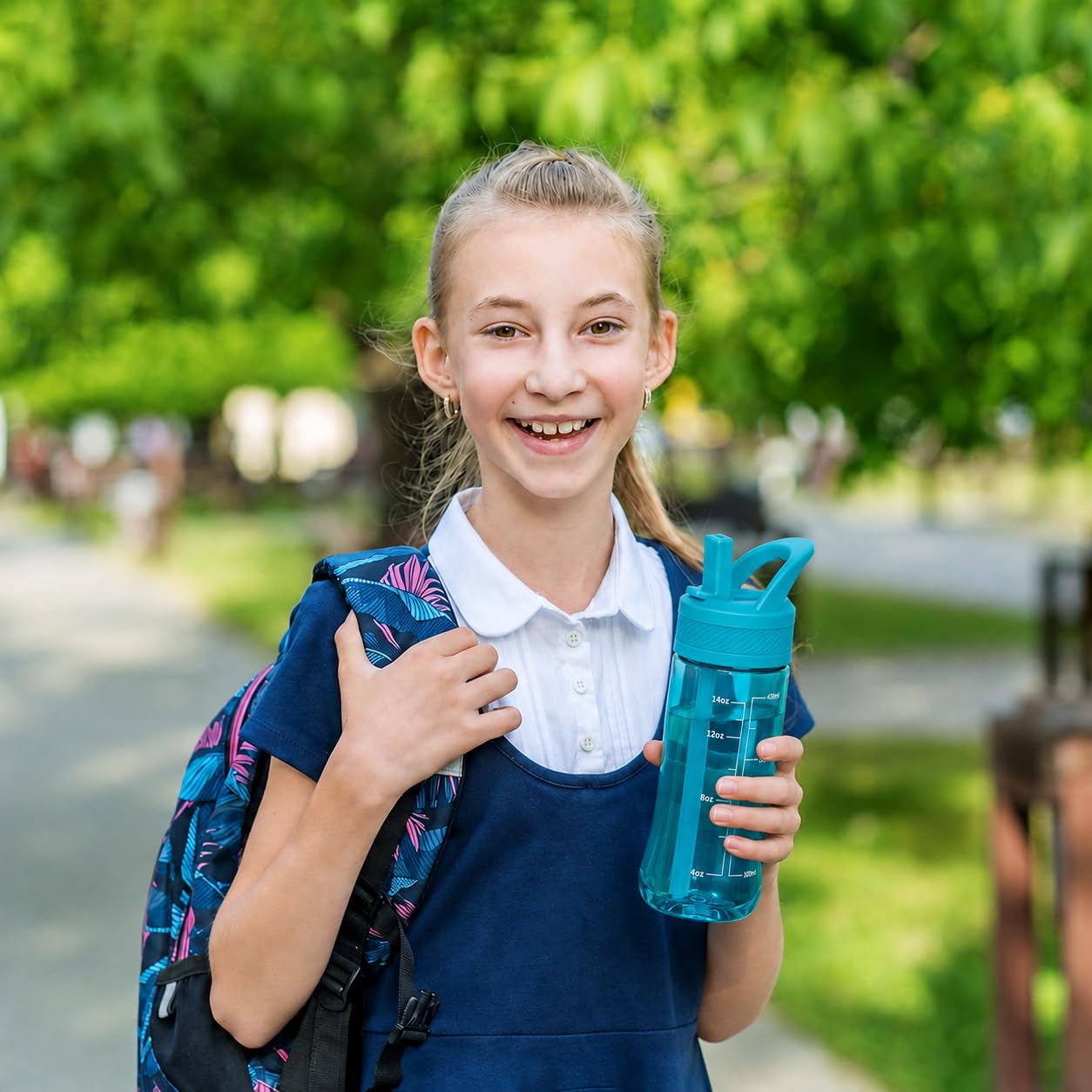 Edmyre 14oz Clear Kids Water Bottle with Straw Lid, BPA-Free Tritan, Measurement Scale, Sturdy Handle Wide Mouth Leak-proof Reusable Plastic Bottle for Boy& Girls, Back to School(Blue)