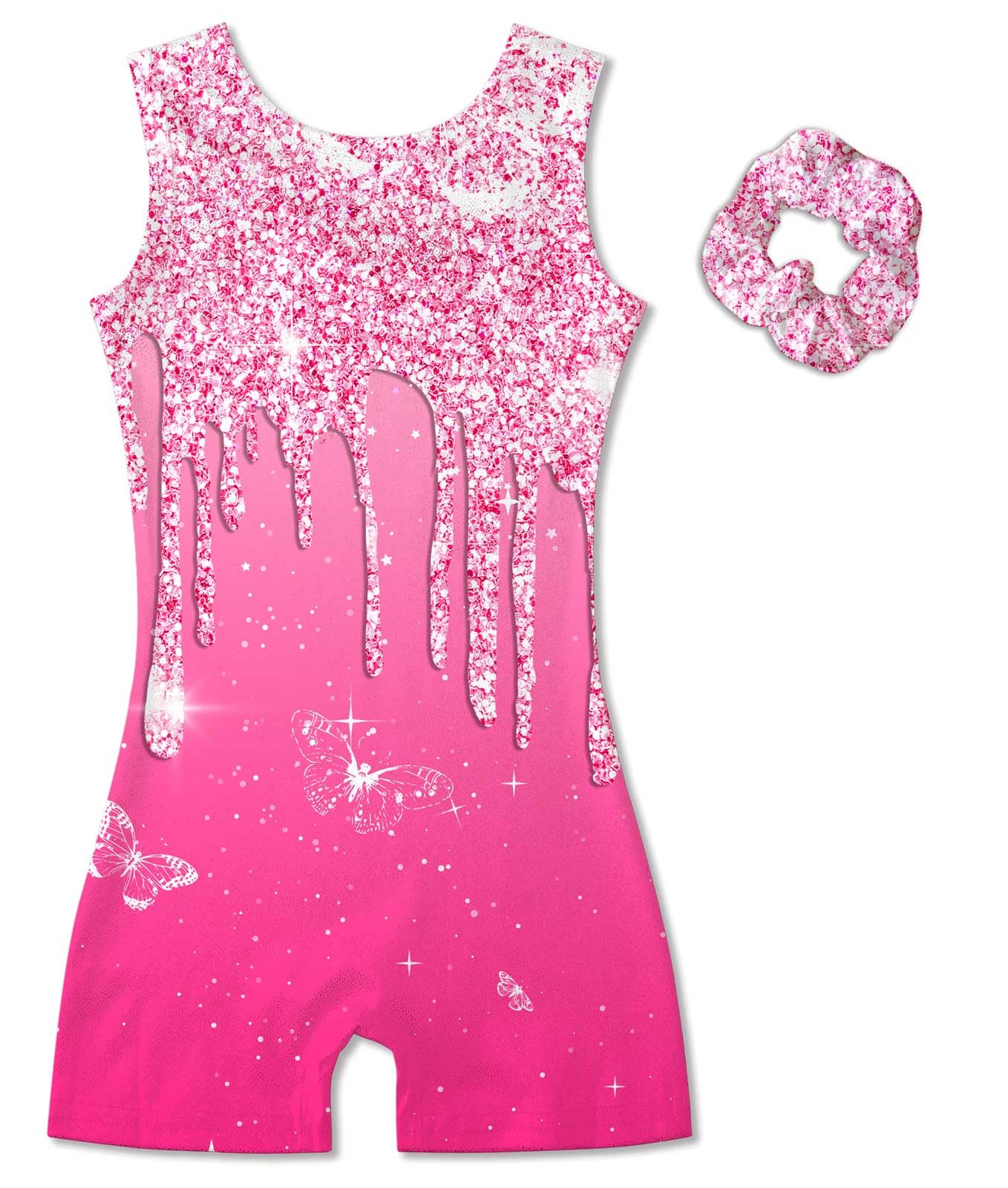 Vogseek Sparkly Gymnastics Leotards for Girls 5 6 Years Cute Hot Pink Shiny Ballet Dance Unitards Biketards with Hair Scrunchie Kids Tumbling Shorts Activewear Clothes, Sparkle Rose Red