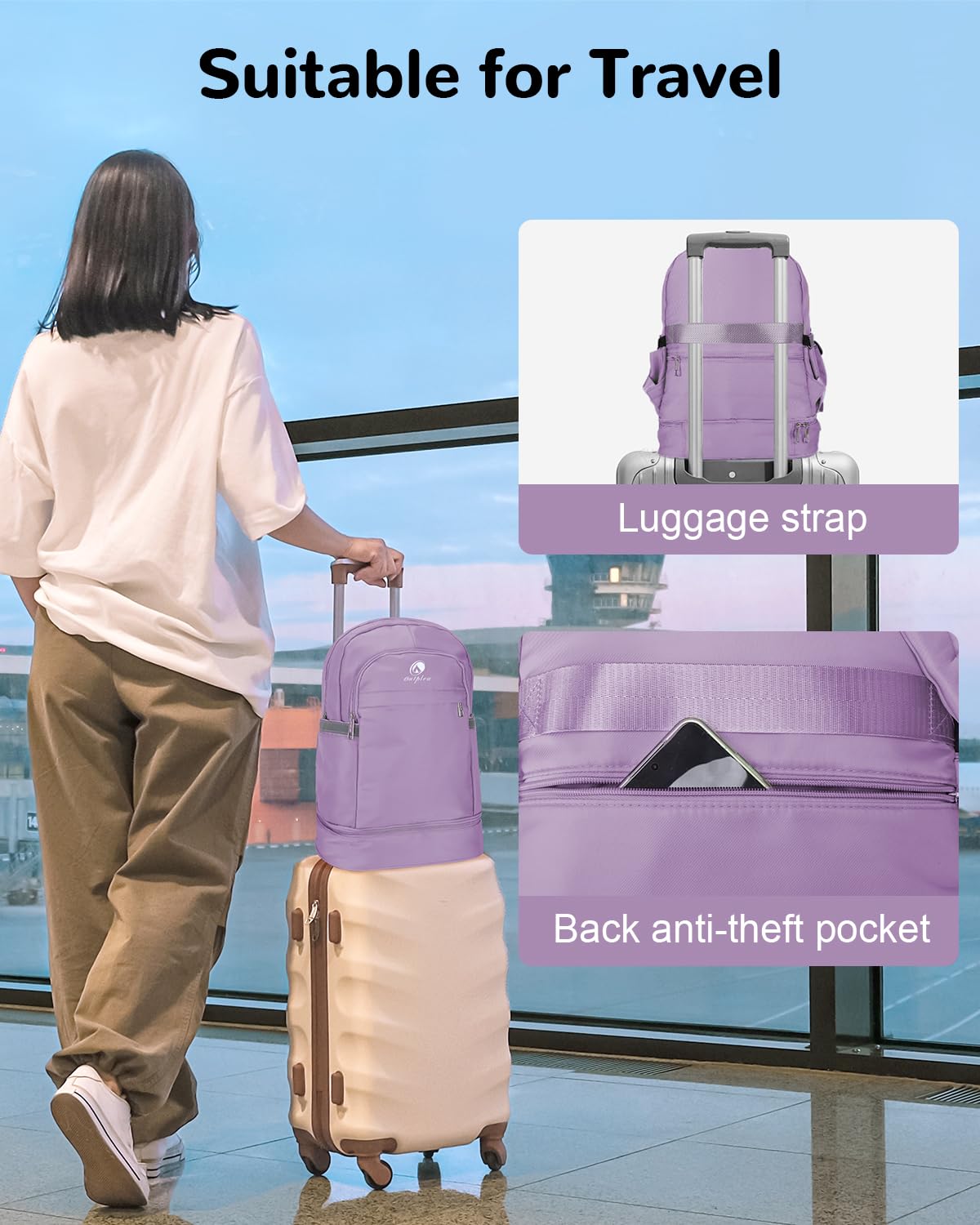 Outplea 28L Small Gym Backpack with Shoe Compartment for Women, Waterproof Sports Backpack with Wet Pocket, Purple