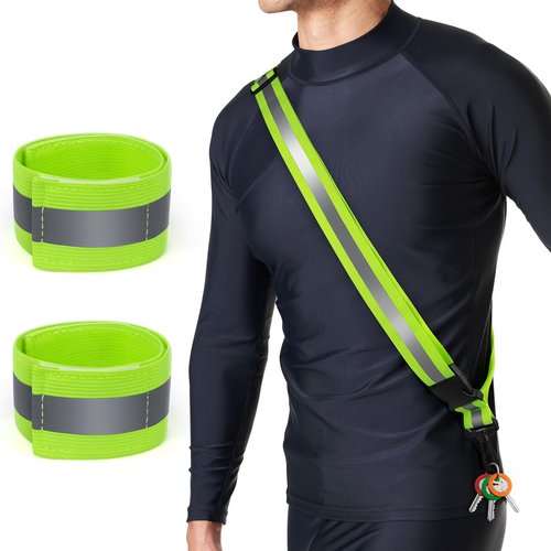 Reflective Sash for Walking at Night, High Visibility Reflective Running Gear Night Walking Safety Gear for Men Women Kids, Reflective Sash with 2 Pcs Reflective Armbands for Running Walking (Green)