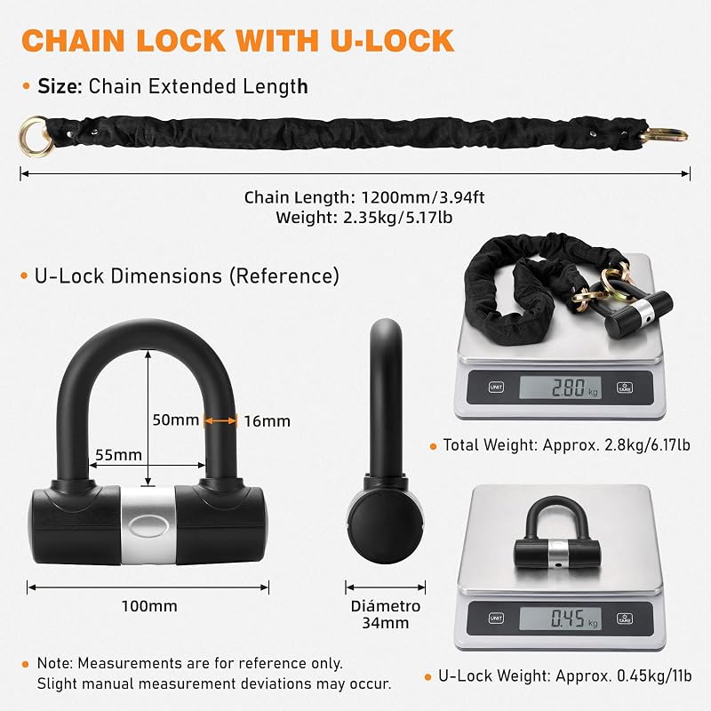 Heavy Duty 10mm Motorcycle Chain Lock with U-Lock, 3.9ft, 4 Keys, Rose Gold
