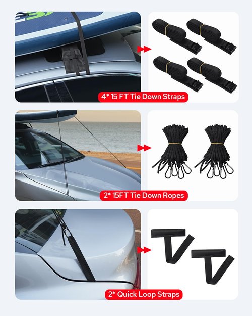 Benlari Universal Car Soft Roof Rack Pads, Roof Pads for Kayak Surfboard SUP Paddle Board Snowboard Canoe Include 2 Heavy Duty Tie Down Straps, 2 Tie Down Rope, 2 Quick Loop Strap and Storage Bag