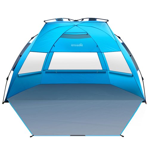 OutdoorMaster Pop Up Beach Tent for 4 Person - Easy Setup and Portable Beach Shade Sun Shelter Canopy with UPF 50+ UV Protection Removable Skylight Family Size - Blue