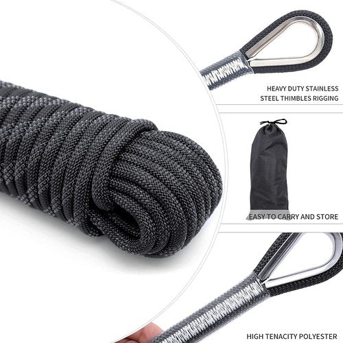 Climbing Rope 10MM Diameter 10M(32ft) 20M(64ft) Static Rock Climbing Rope,Tree Climbing Rappelling Rope,Escape Nylon Rope,Ice Climbing Equipment Outdoor Fire Rescue Parachute Rope with 2 Steel Hooks