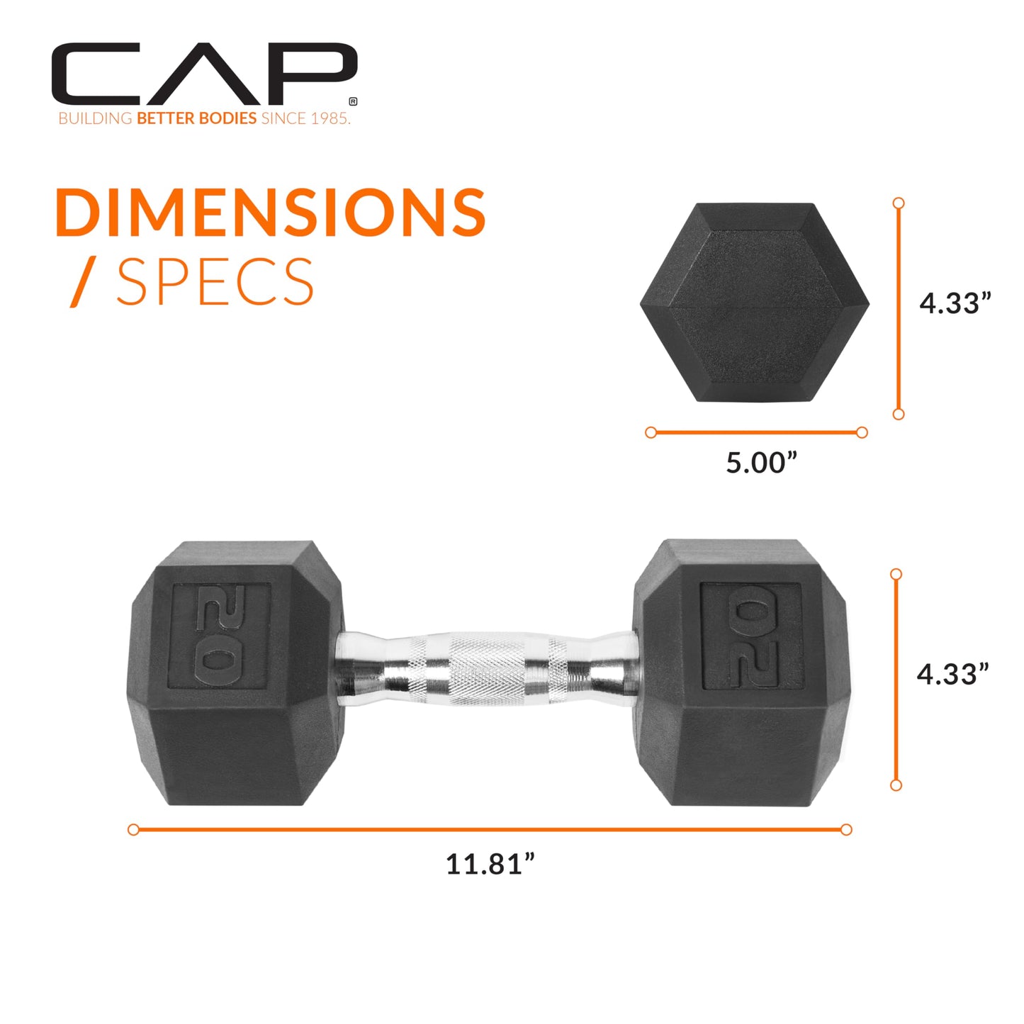 CAP 20 LB Rubber Coated Hex Dumbbell Weight, Rubber Free Weights for Home Gym Strength Training, Chrome Handle, Pair