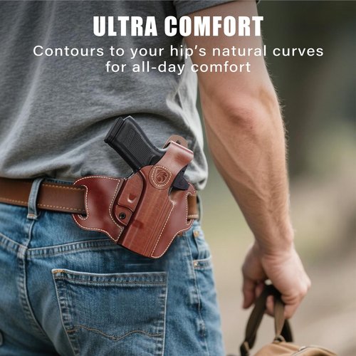 MUNALO OWB Holster Compatible with Glock 19, 19X, 23, 32, 44, 45 ??Outside Waistband Hip Carry Leather Holster, Right-Handed