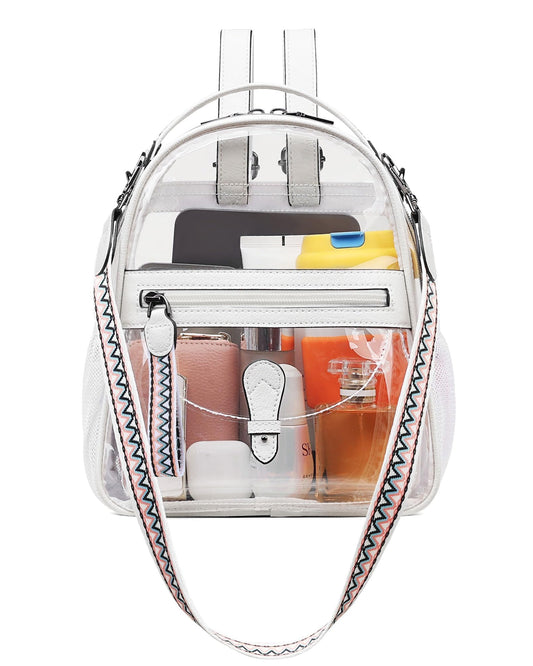 FADEON Clear Small Backpack Purse for Women, Designer Transparent Shoulder Handbag, PVC Mini Clear Bag for Stadium Approved