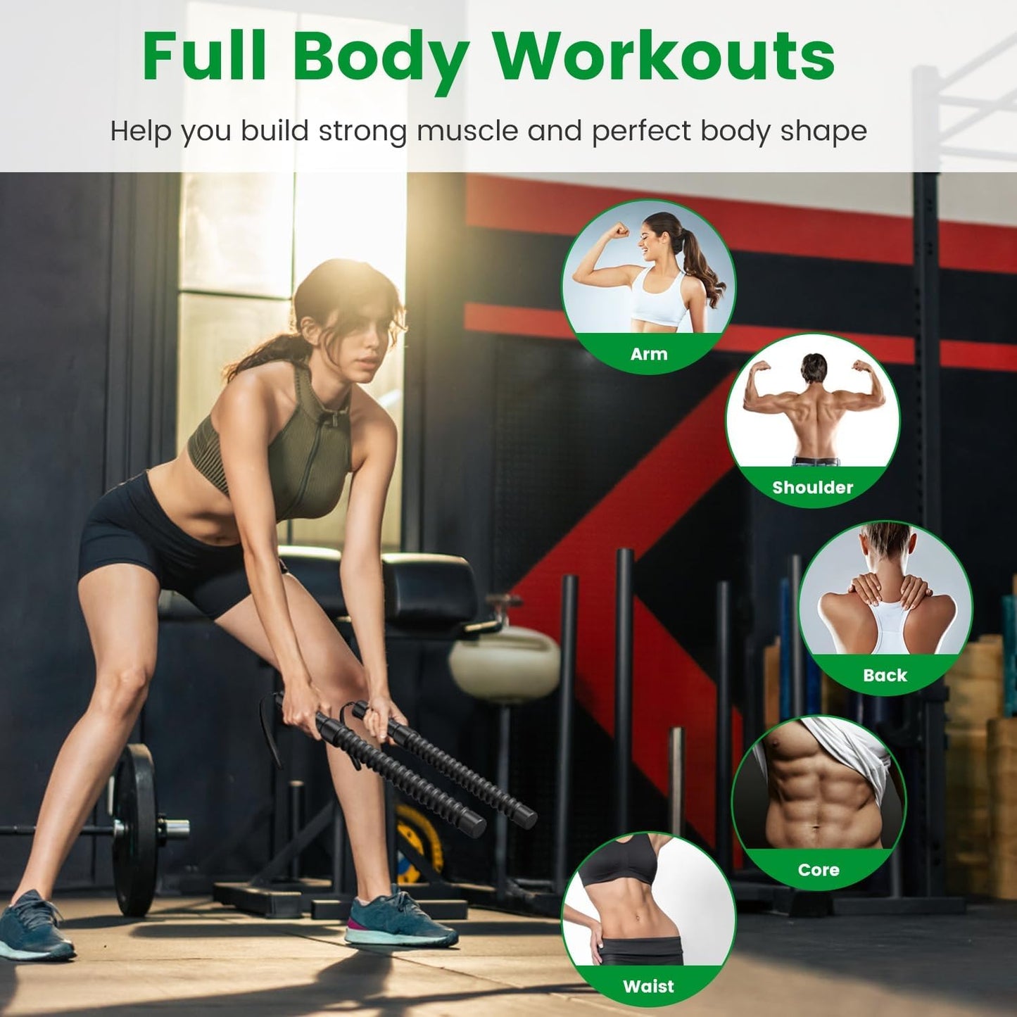 1Pair Ropeless Battle Ropes for Home Portable Compact Workout Exercise Training Battle Rope with Waist Strap for Women Men Strength Training Spring Bar