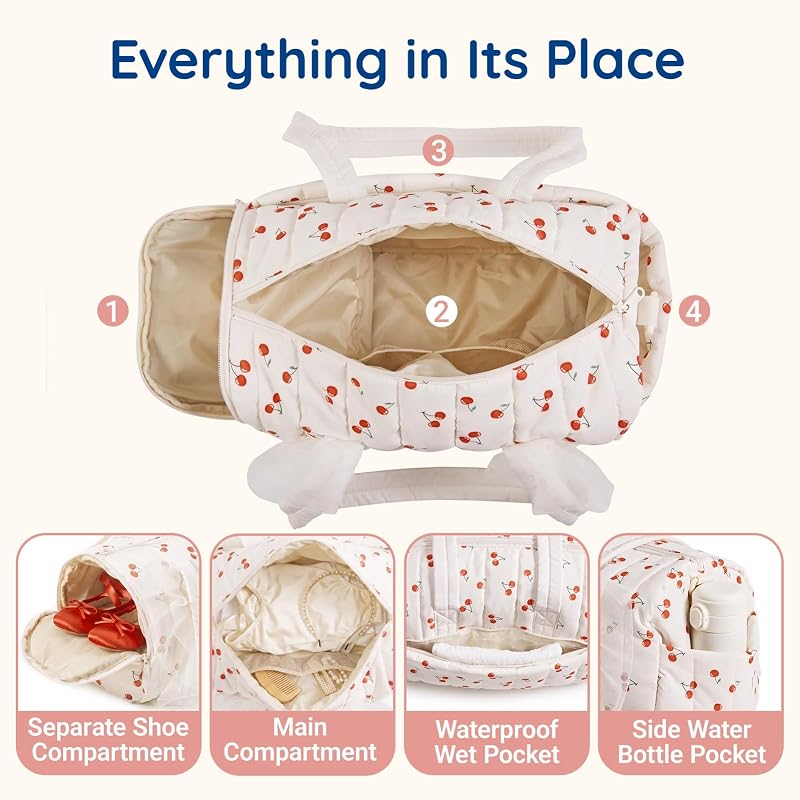 Mommore Puffy Ballet Dance Bag for Girls 6-10 with Makeup Bag - Beige, Small