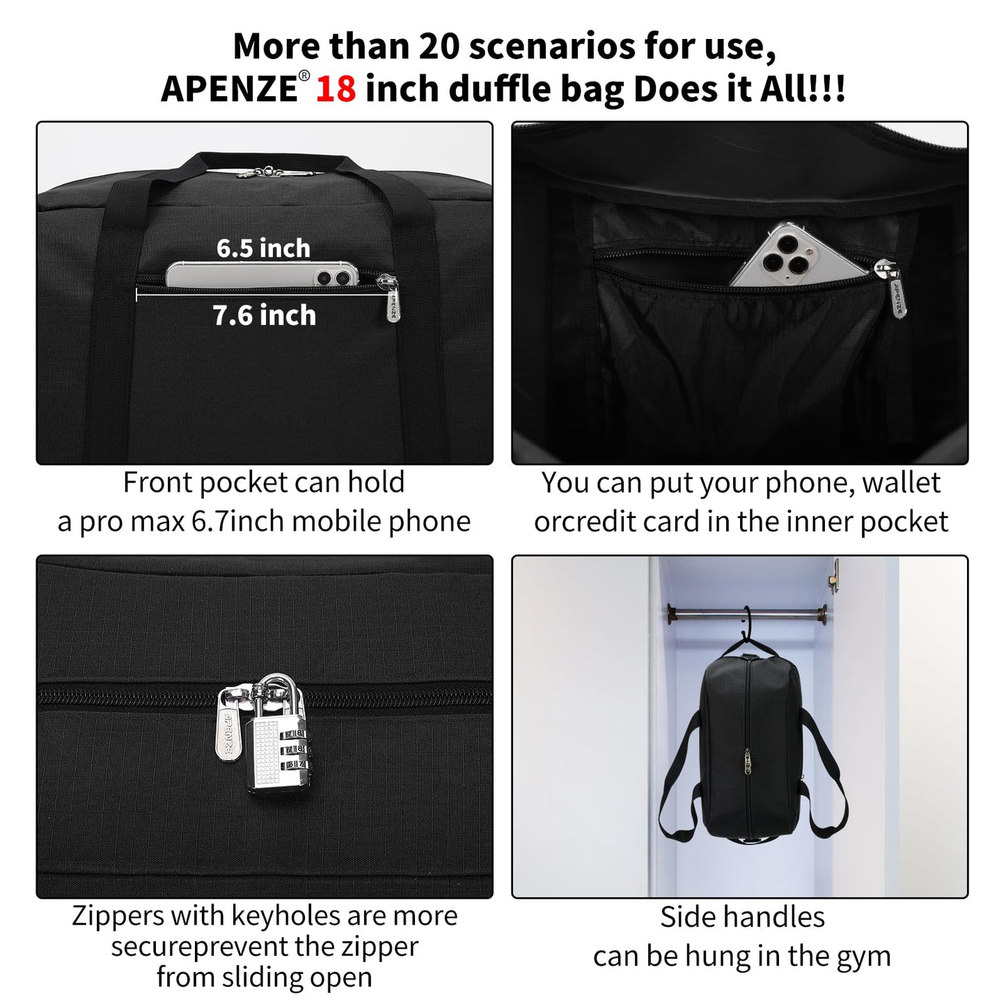 Apenze Small Gym Bag 18 inch Carry On Duffel Bag for Weekender Travel - Black