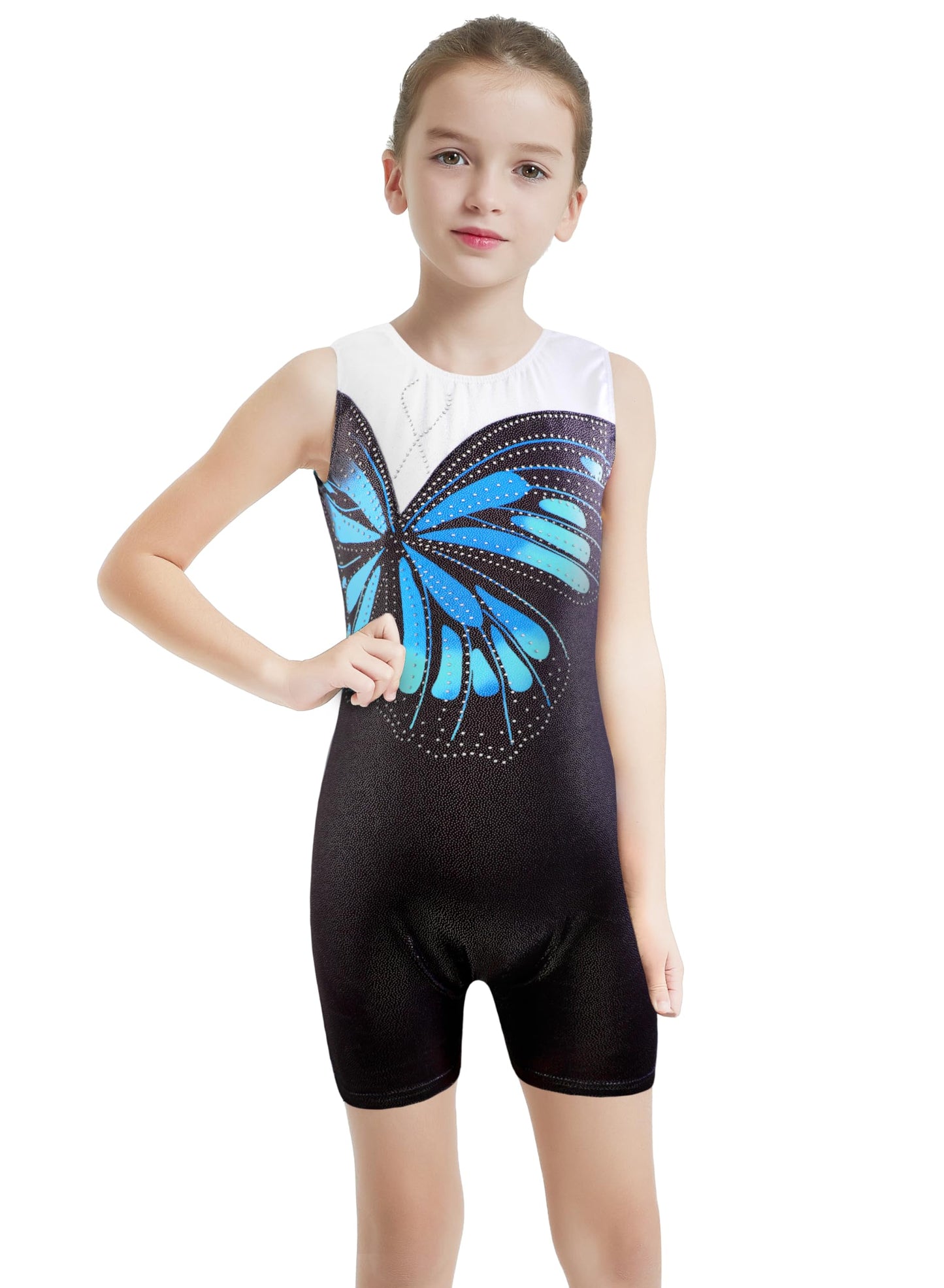 HOZIY Gymnastics Leotards for Girls Butterfly Blue Black White Spliced Biketard Tumbling Outfits Rhinestone Diamond 7-8 Years