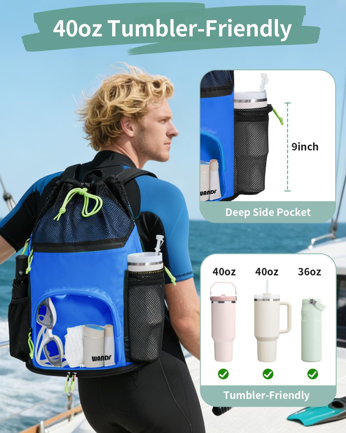 WANDF Swim Bag with Wet Pockets, Mesh Beach Backpack for Pool and Gym