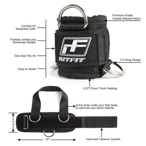 RitFit Kickback Ankle Straps Padded Ankle Strap for Cable Machine,Strong Hook and Loop,Reinforced 3 D-Ring, Adjustable Comfort fit Neoprene - Premium Ankle Cuffs to Enhance Abs, Glute & Leg Workouts