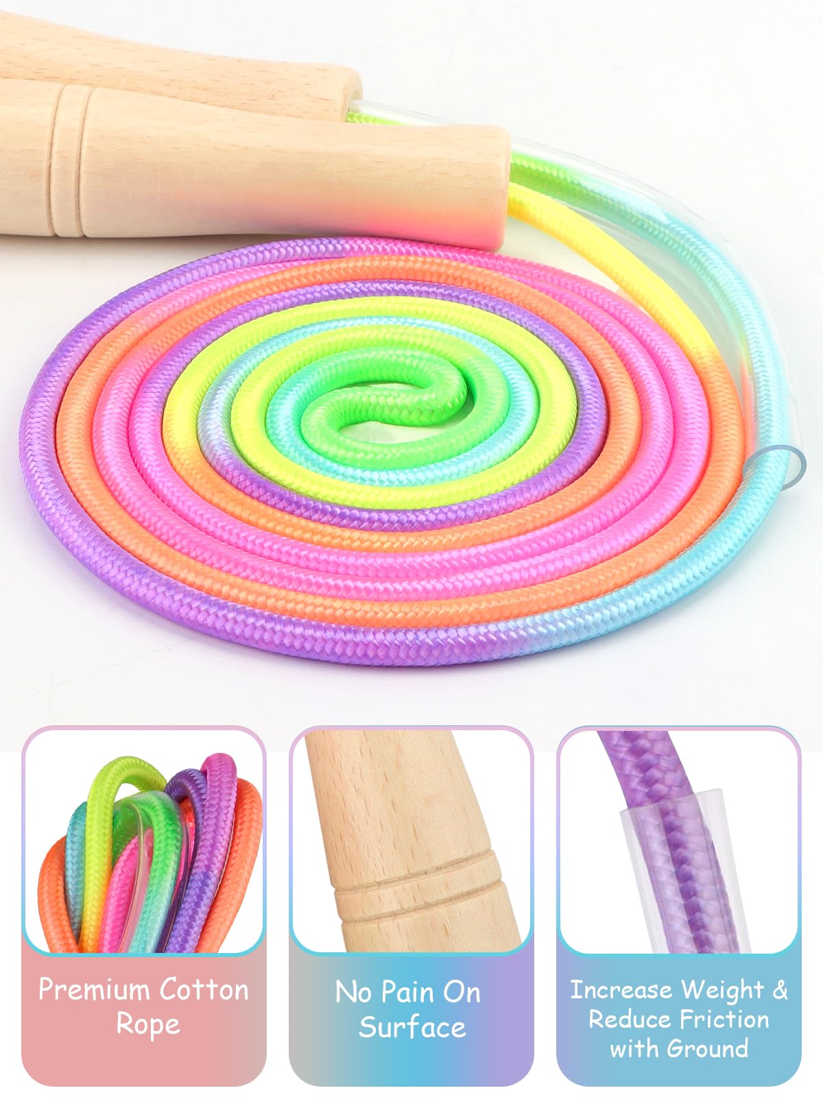 Lorvain Jump Rope for Kids, 8.5FT Adjustable Cotton Skipping Rope with Wooden Handle for Girls and Boys Fitness Workout Exercise Outdoor Fun Activity, Rainbow Jump Rope