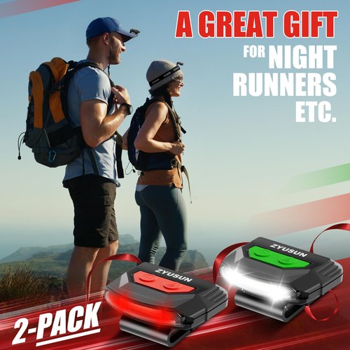Zyusun 2-Pack Rechargeable Cap Light,Portable headlamps,Clip on Hat with Motion Sensor,Lightweight IPX4 Waterproof,White/Red/Green Night Vision LED Lights for Hunting Fishing Camping Hiking Cycling