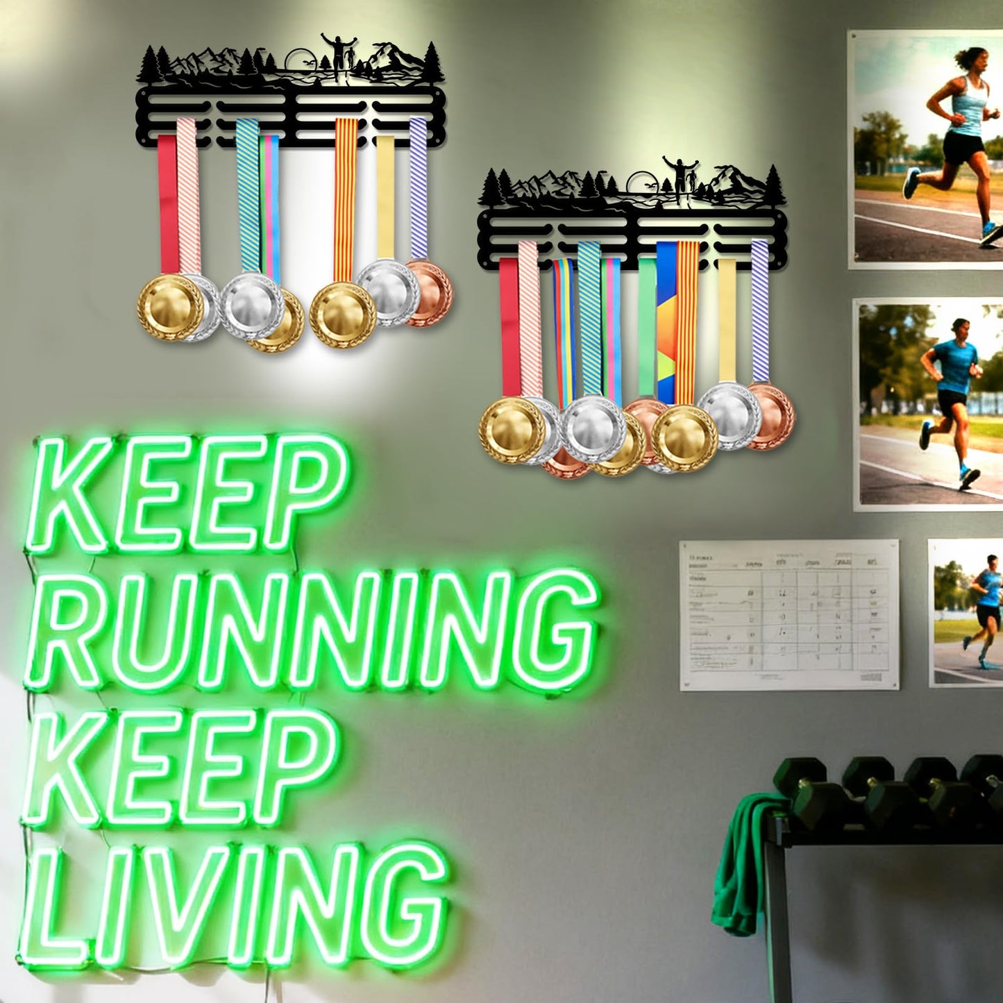 SUPERDANT 2PCS Running Medal Hanger Forest Run Medals Holder Personalised Award Black Metal Rack Wall Mount Sports Marathon Iron Holder Ribbon Display for Medal Hanging Gifts for Athlete Runners
