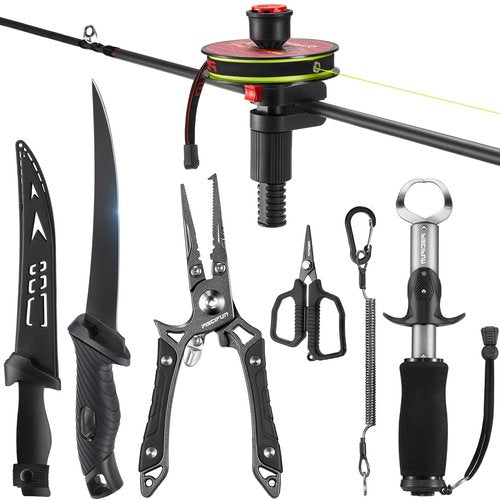 Piscifun 6pc Fishing Tool Kit, Fishing Line Spooler, Fishing Pliers, Fillet Knife, Braid Scissors, Aluminum Fish Gripper, Lanyard, Fishing Gear Gifts for Men Women
