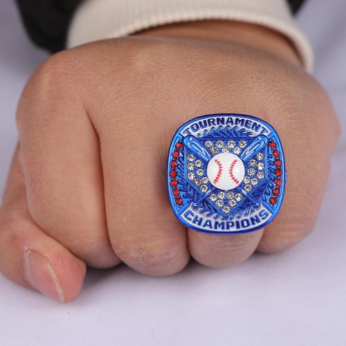 TOPSPORTSJEWELRY 2 pcs, 12 pcs Pack Baseball Tournament Blue Championship Ring Trophy on Side Size 9 (12, Finalist Ring)