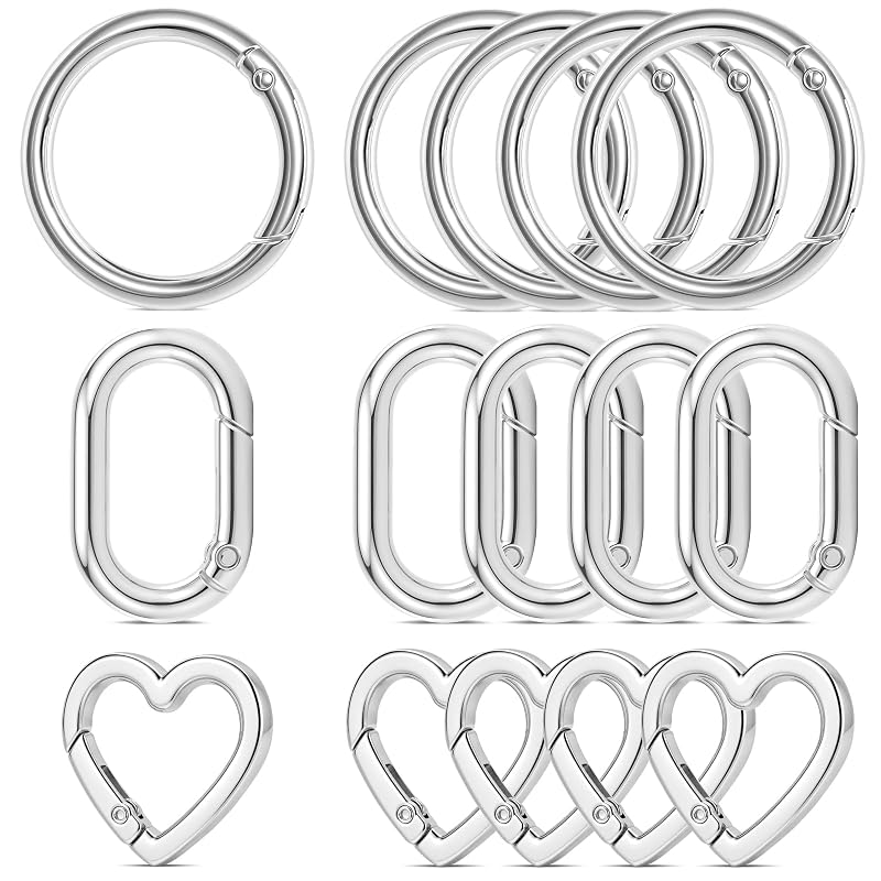 15Pcs Gold Oval, Silver Round & Heart Carabiner Clips Set – Keychain & Bag Charm Hardware (Variation: Silver Round 19mm, Oval 20mm, Heart 18mm)