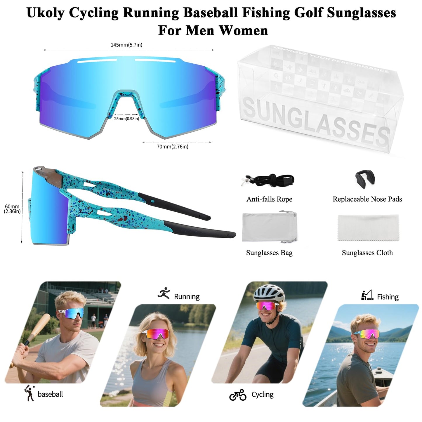 Ukoly Cycling Sunglasses for Men Women with 3 Interchangeable Lenses,Polarized Sports Sunglasses,Baseball Glasses SpU