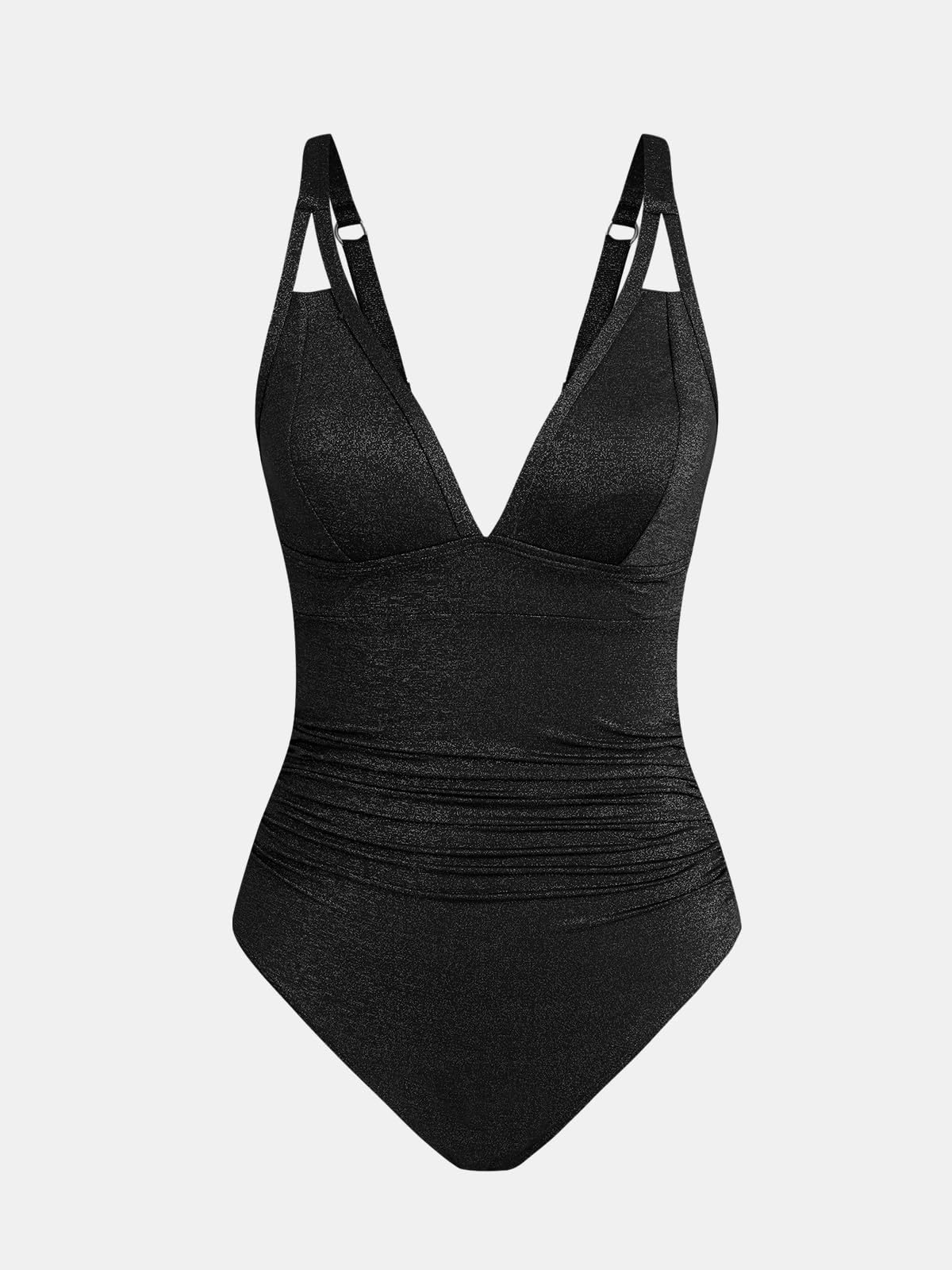 CUPSHE Women's Tummy Control One Piece Swimsuit V Neck Shimmer Bathing Suit, M Black