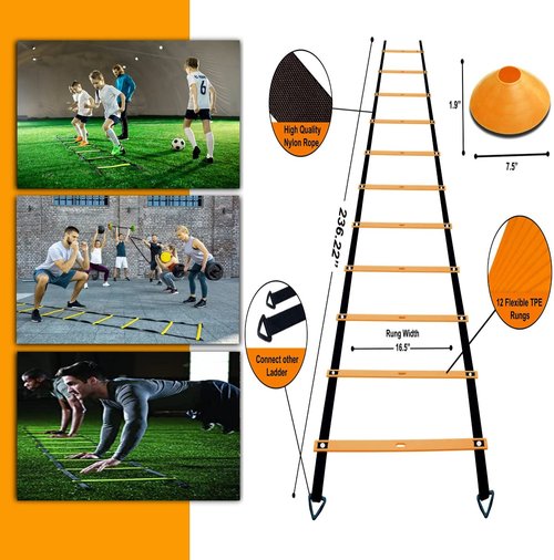 ENDIESS Agility Ladder Speed Agility Training Equipment,1 Agility Ladder 20ft,4 Hurdles,Training Soccer Cones,Jump Rope,Running Parachute, Agility Training Equipment for Kids Youth Adul (Orange)