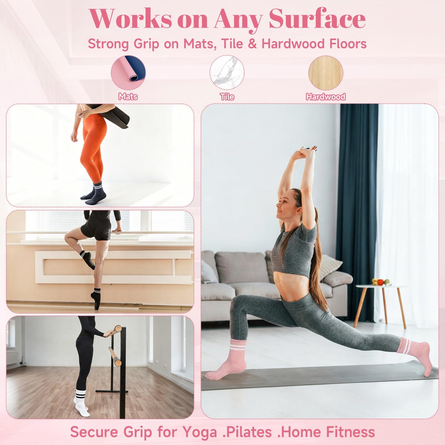 SPORTIC Pilates Socks with Grips for Women, Non Slip Yoga Socks Barre Crew Grippy Sticky Socks for Workout, Dance, Hospital – 4 Pairs Athletic Anti Skid Grip Socks