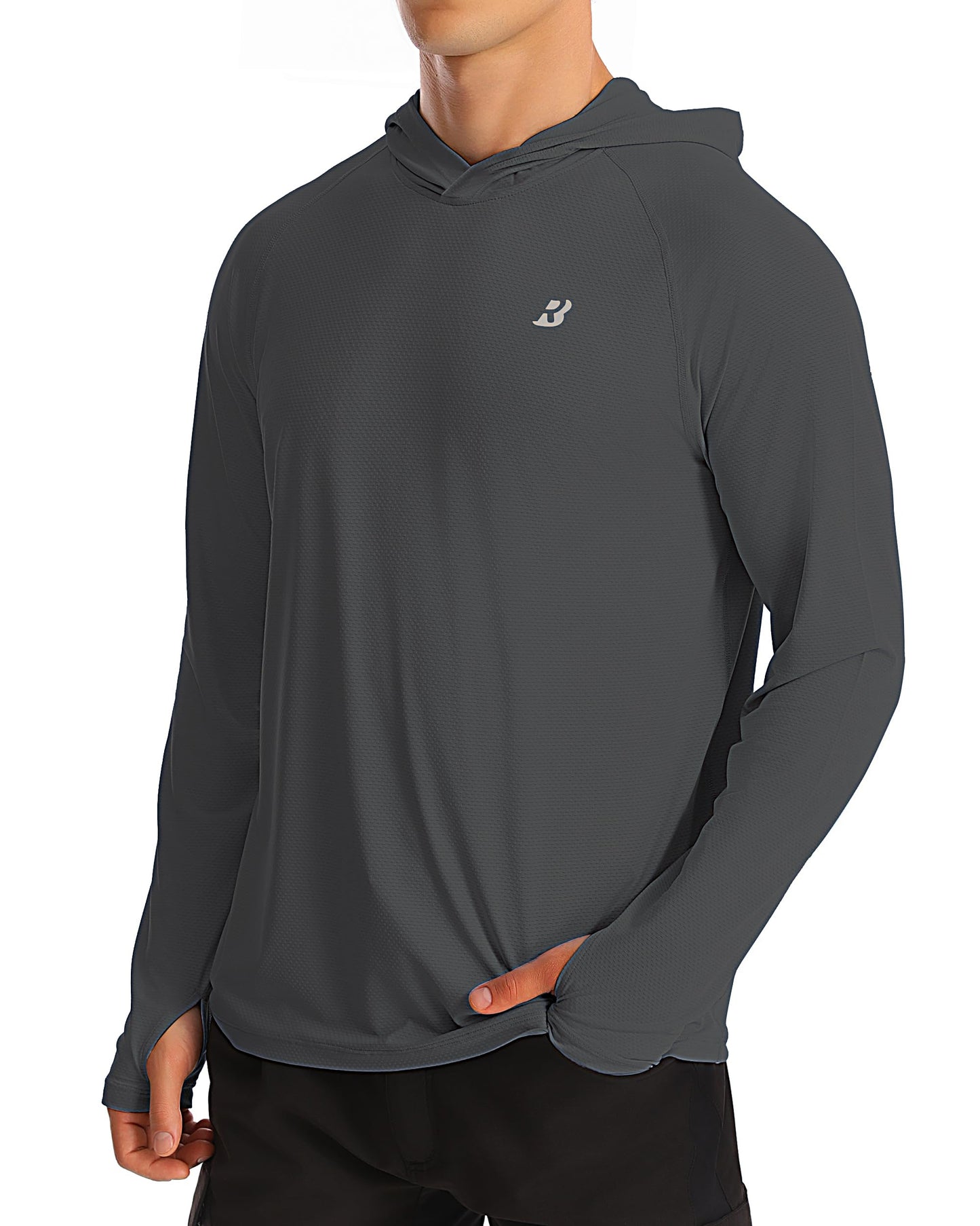 Roadbox Mens Sun Protection Shirts, UPF 50+ Long Sleeve Fishing Shirt with Hood, Lightweight UV SPF Hiking Running Workout Athletic Rash Guard Quick Dry Dark Gray