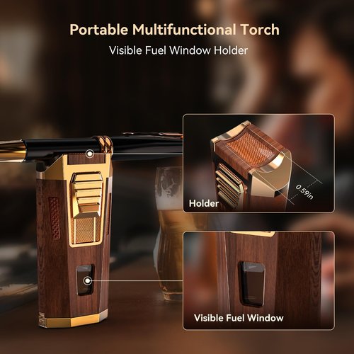 All-in-One Torch Lighter with Punch, Holder, and Draw Enhancer Tool, Adjustable Windproof 2 Jet Flame Lighters, Refillable Lighters Gift for Men(Mahogany)