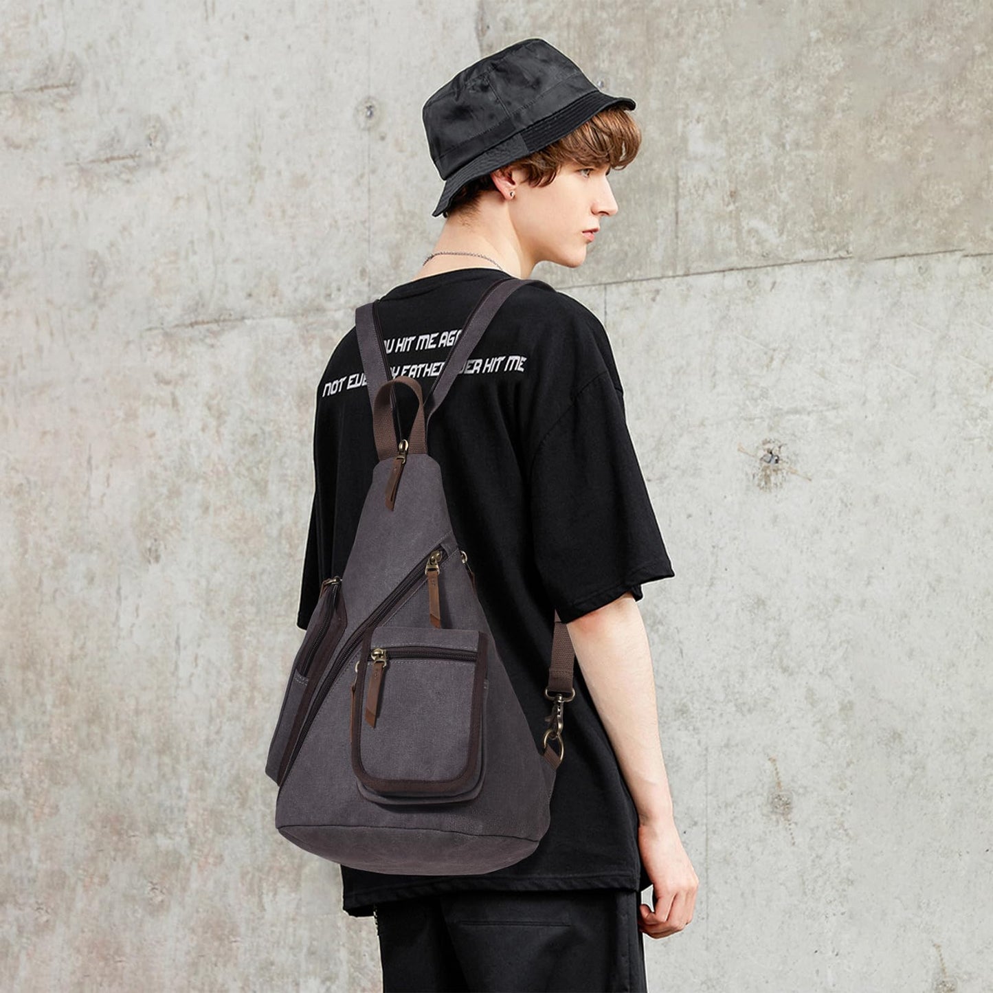 KL928 Canvas Sling Bag - Casual Crossbody Shoulder Daypack Rucksack Backpack for Men Women, Dark Grey