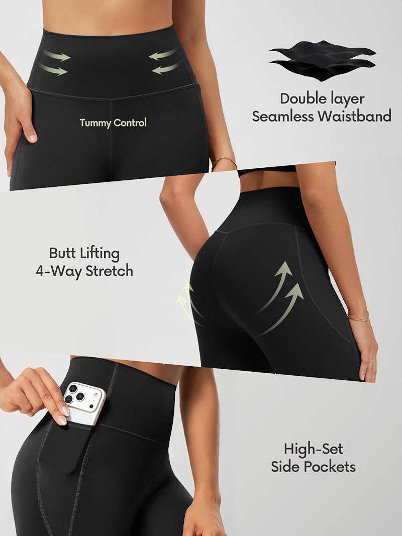 ODODOS 7/8 High-Waisted Tummy Control Leggings with Side Pockets – 25" Inseam, Black, Large