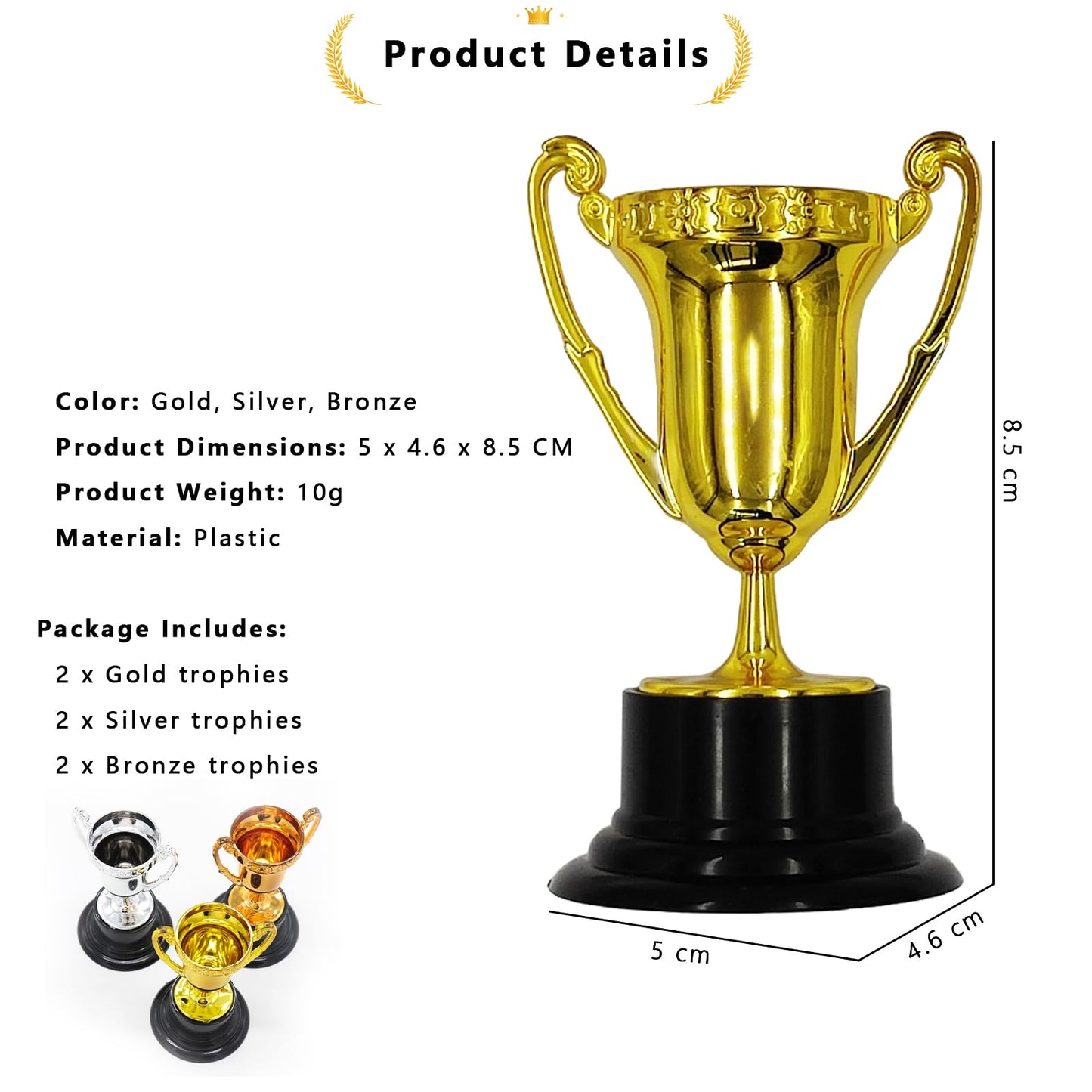 HOPELJ Kids Mini Award Trophy Cups - Pack of 6 Bulk - Plastic Gold Silver Bronze Award Trophies Set for Kids for Party Favors, Props, Rewards, Winning Prizes, Competitions
