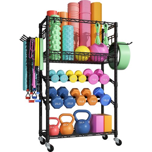 FUTASSI S3 Dumbbells Rack Storage Rack, Rolling Home Gym Weight Organizer Rack, Yoga Mat Storage and Workout Equipment Organizers for Gym Studio, Max Load 500 LBS, 34.6"W x 11.8"D x 48.6"H, Black