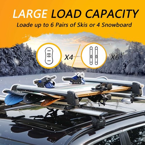 Ski and Snowboard Roof Racks, Ski Roof Racks with Anti-Theft Lock Racks Carrier for Snowboard Universal Ski Top Holder Fits for Square/Round/Aero/Oval Cross Bars, Sliver