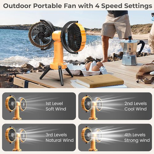 Outdoor Camping Fan with LED Light, Rechargeable Portable Dual Head Fan,Battery Powered with Cooler Tent Hook Fans,270° Oscillating 360° Rotation ,USB Desktop Fan for Travel,Fishing,Home (Yellow)