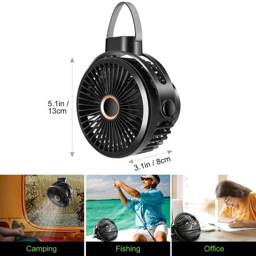 Odoland 2 Packs 10000mAh Camping Rechargeable Fan with Hanging Hook Carabiner, Portable Battery Operated Tent Fan, Quiet Strong Airflow, Outdoor USB Desk Fan for Picnic Travel Barbecue Fishing
